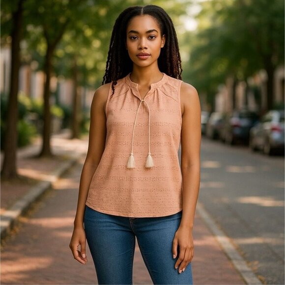 Tommy Hilfiger ✦ Peach Blouse ✦ Eyelet Embroidery Tassel Tie Sleeveless L NWT - Picture 8 of 16